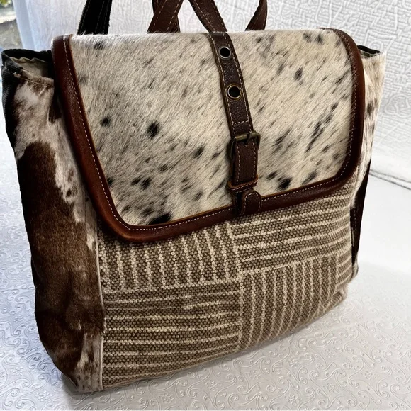 Myra Bag Handmade Crossroads Backpack Upcycled Canvas Cowhide Leather Patchwork - Picture 16 of 16